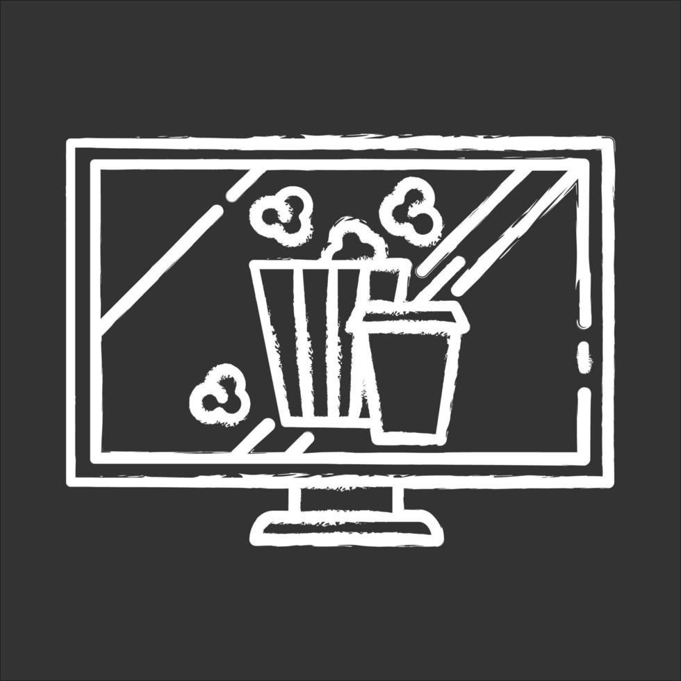 films en televisie krijt icoon. films kijken, tv-shows. moderne online videotechnologie. popcorn en drankjes. e-commerceafdeling, winkelcategorieën. geïsoleerde vector schoolbordillustratie