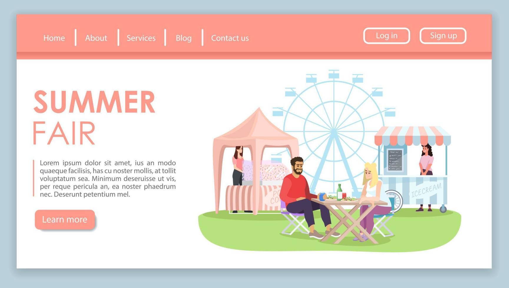 zomer eerlijke bestemmingspagina vector sjabloon. kermis, attractiepark attracties website-interface idee met platte illustraties. kermis straatvoedsel marktkramen webbanner, webpagina cartoon concept