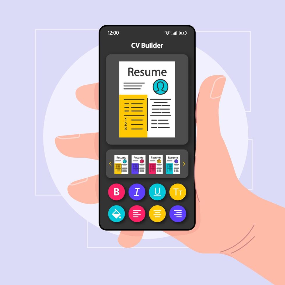 cv bouwer smartphone interface vector sjabloon. mobiele app pagina kleur ontwerp lay-out. professioneel cv-sjabloon maker scherm. platte ui voor toepassing. hand met telefoon met cv-editor op het display