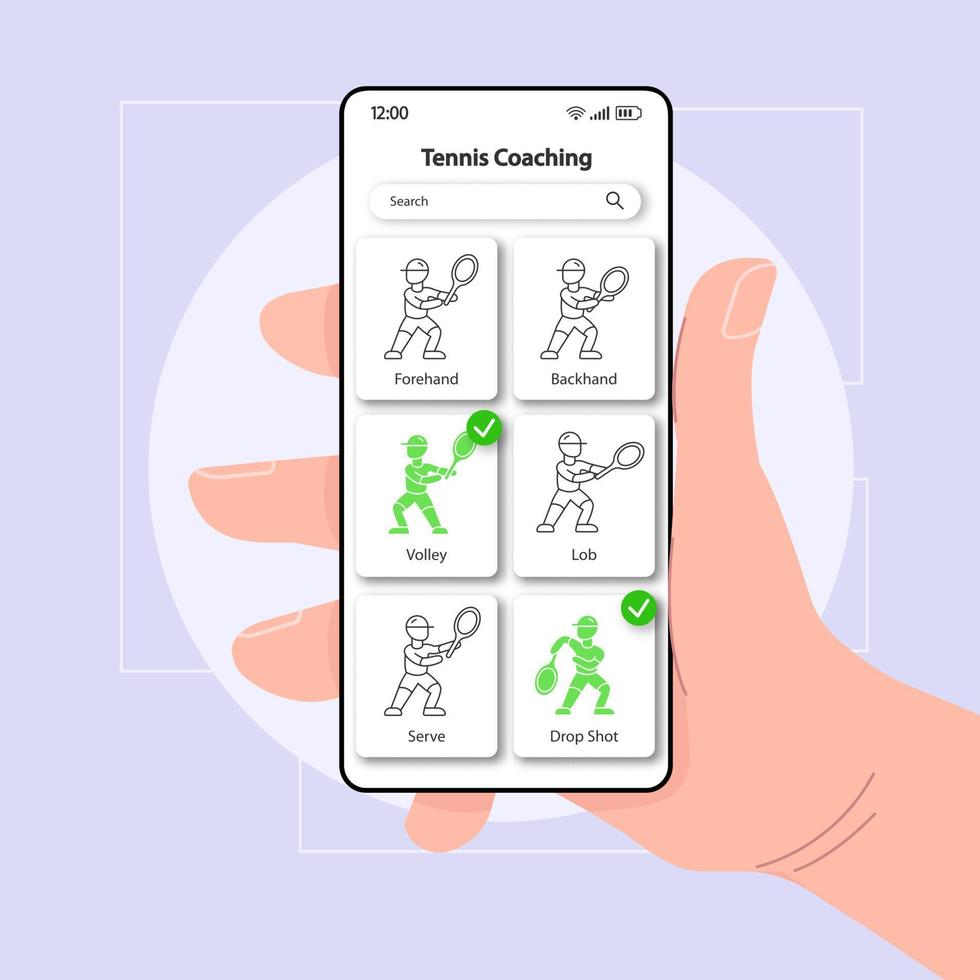 tennis coaching smartphone interface vector sjabloon. mobiele app pagina kleur ontwerp lay-out. bal raken techniek scherm. platte ui voor toepassing. hand met telefoon met speltrainingstool op het display