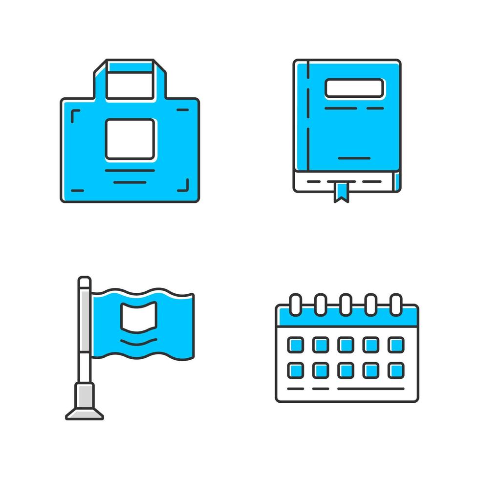 kantooraccessoires gekleurde pictogrammen instellen. zakelijke benodigdheden geïsoleerd vectorillustraties pack. zakelijke werkattributen, bedrijfshulpmiddelen. werkend notitieblok, bureaukalender, aktetas en kleine vlag vector