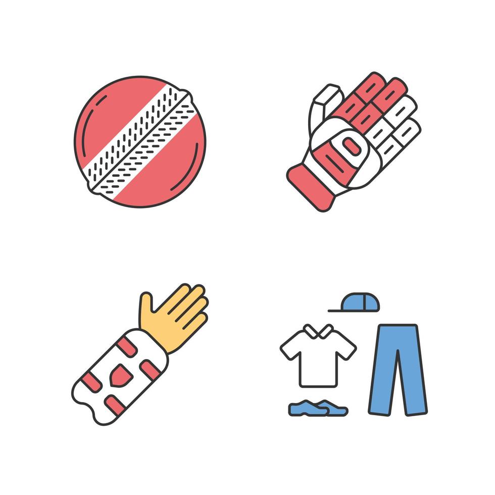 cricket kampioenschap gekleurde pictogrammen instellen. sportuniform, beschermende kleding, speluitrusting. buitensport activiteit. team spel. sportcompetitie, toernooi. geïsoleerde vectorillustraties vector