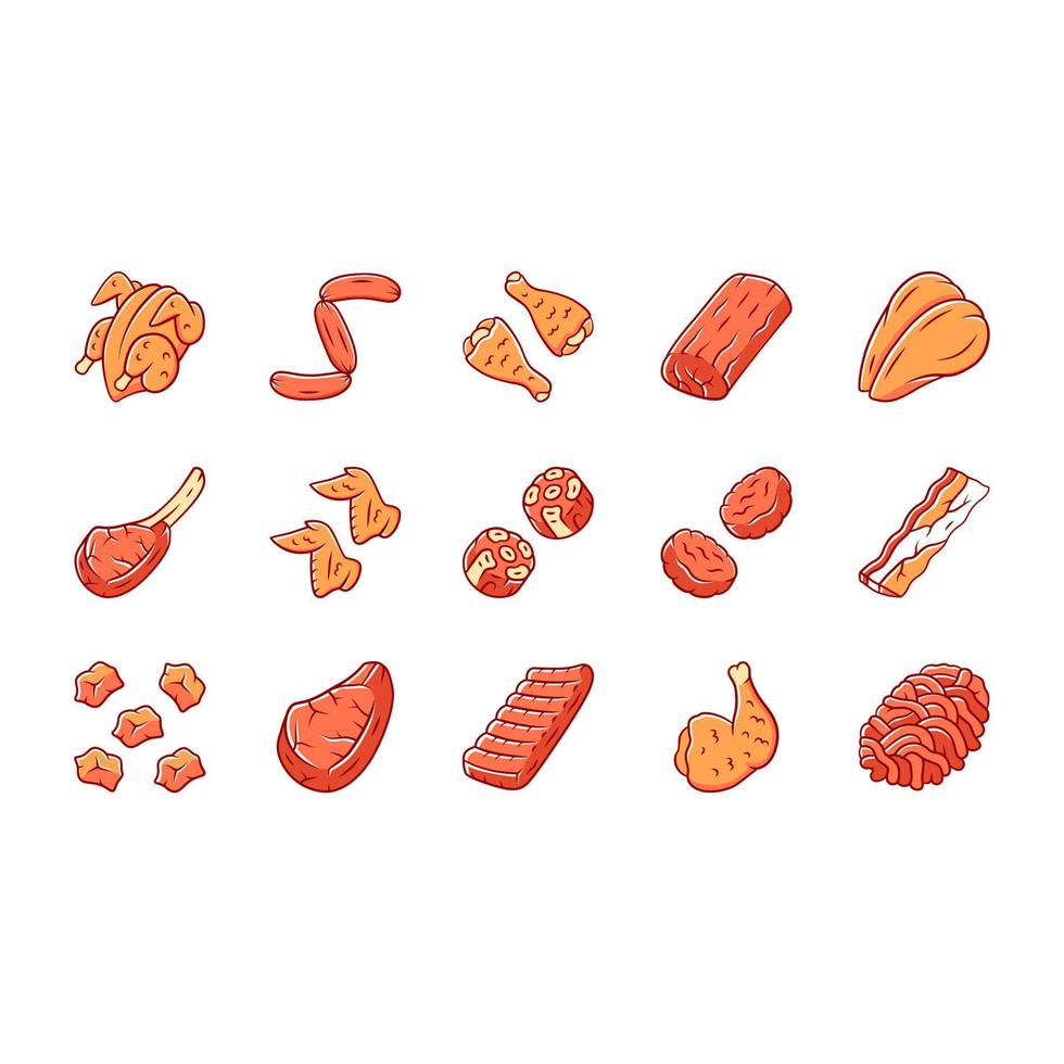 slagers vlees kleur pictogrammen instellen. gegrilde kip drumsticks, borst en ham. bacon, burgerpasteitjes, steaks, ossenstaartjes. slagerij bedrijf. productie en verkoop van geroosterd vlees. geïsoleerde vectorillustraties vector