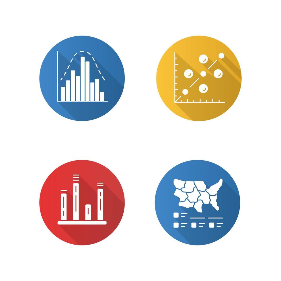 diagram plat ontwerp lange schaduw glyph pictogrammen instellen. histogram, staafdiagram, spreidingsplot, cartogram. statistieken data visualisatie. analytische informatie. vector silhouet illustratie