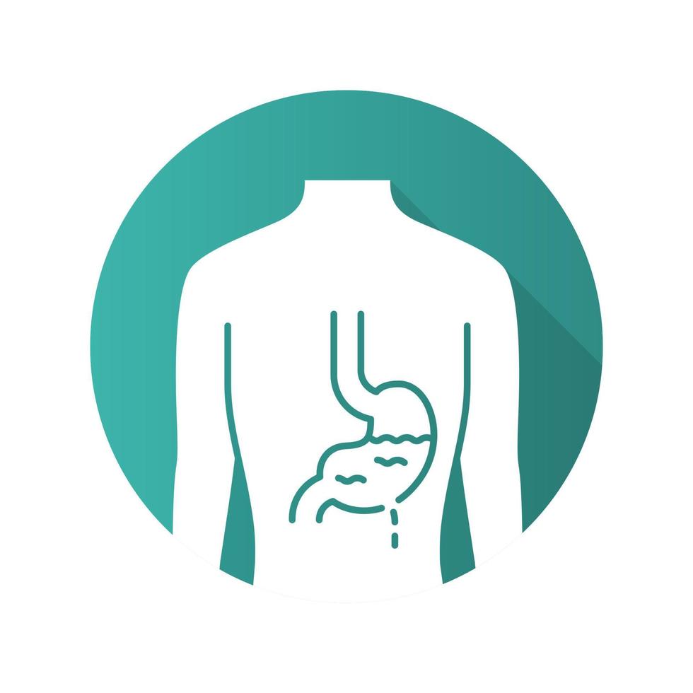 zieke maag platte ontwerp lange schaduw glyph pictogram. gastritis. pijnlijk menselijk orgaan. mensen ziekte. ongezonde spijsvertering. ziek inwendig lichaamsdeel. maagdarmkanaal. vector silhouet illustratie