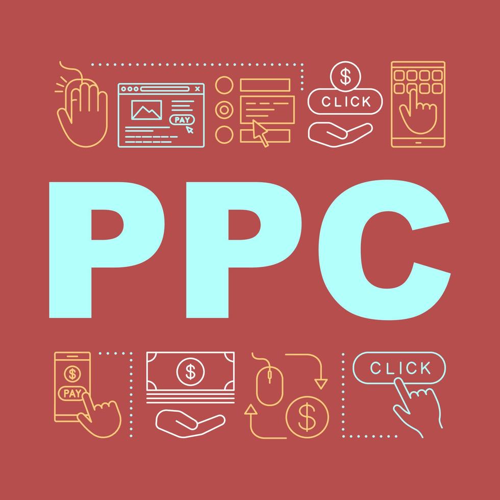 ppc woord concepten banner. pay-per-click digitale marketingstrategie. online promotie. presentatie, website. geïsoleerde belettering typografie idee met lineaire pictogrammen. vector overzicht illustratie