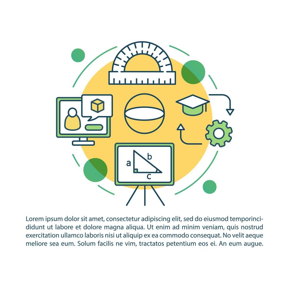 web geometrie cursussen artikel pagina vector sjabloon. wiskunde les. brochure, tijdschrift, boekje ontwerpelement met lineaire pictogrammen en tekstvakken. print ontwerp. conceptillustraties met tekstruimte