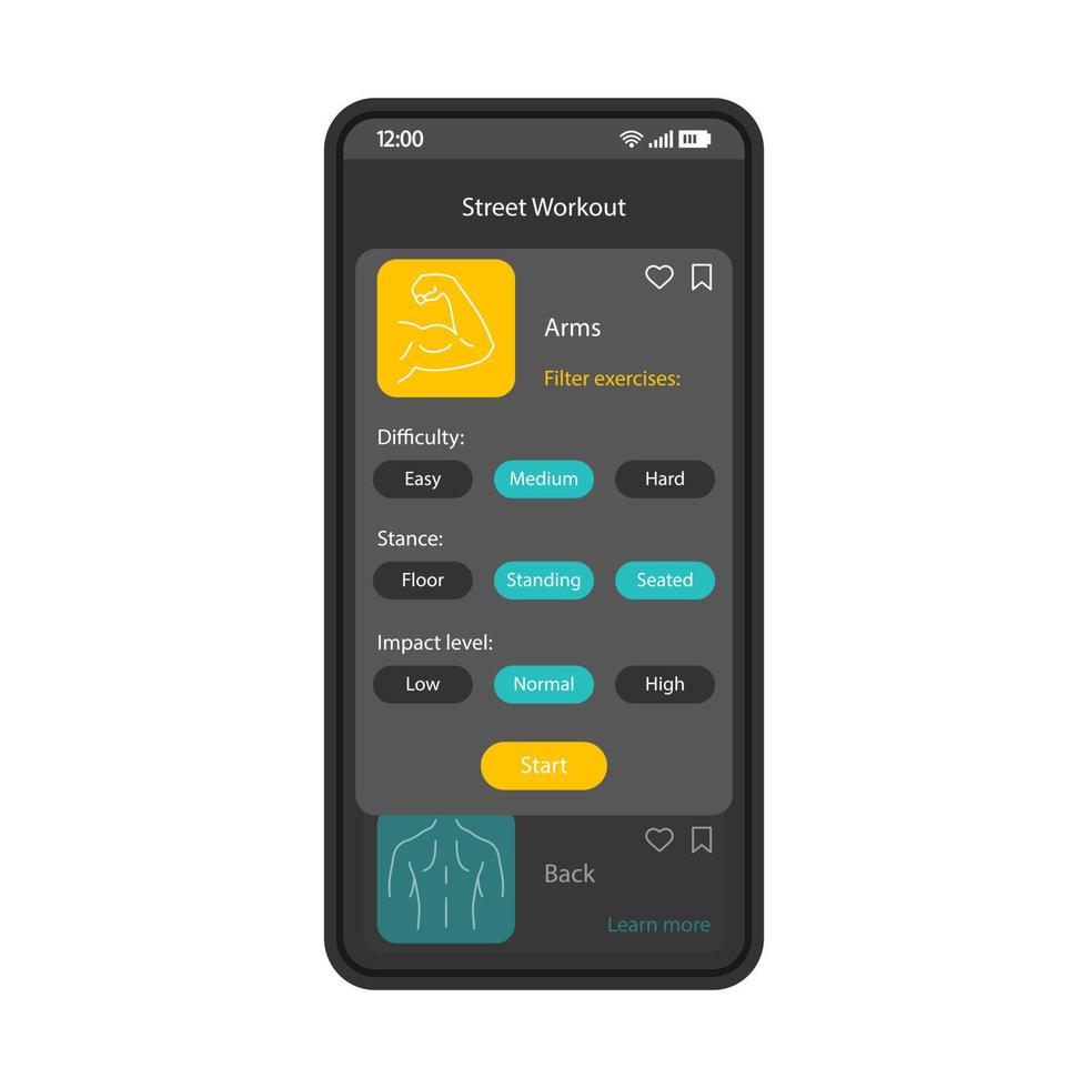 straat training smartphone interface vector sjabloon. mobiele fitness app pagina zwart ontwerp lay-out. scherm sporttrainingsprogramma. persoonlijke trainer applicatie ui. oefeningen app. telefoon display