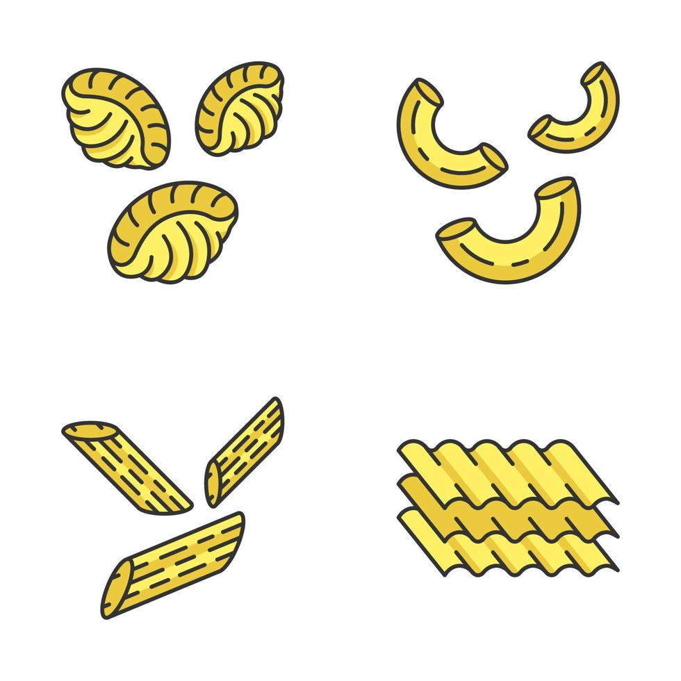 pasta noedels kleur iconen set. verschillende mediterrane macaroni. schelpen, ellebogen, penne, lasagnebladen. soorten droge deegproducten. traditionele italiaanse keuken. geïsoleerde vectorillustraties vector