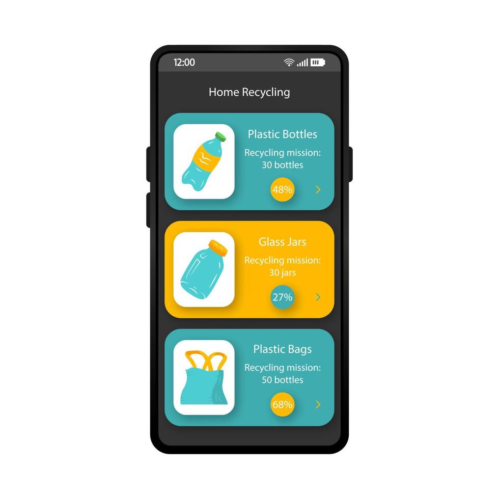 thuis recycling app smartphone interface vector sjabloon. mobiele app pagina zwarte ontwerplay-out. platte ui voor toepassing van recyclingmissies. plastic flessen, glazen potten, plastic tassen telefoon display