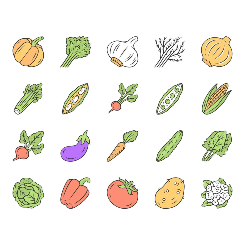 groenten kleur pictogrammen instellen. aardappel, wortel, paprika, ui. soep en salade ingrediënten. vitamine. eetpatroon. gezonde voeding. groente boerderij. vegetarisch eten. geïsoleerde vectorillustraties vector