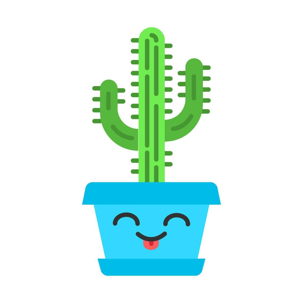 saguaro platte ontwerp lange schaduw kleur pictogram. cactus met lachend gezicht. huiscactussen met uitgestoken tong. vrolijke tropische plant in pot. kamerplant. vetplant. vector silhouet illustratie