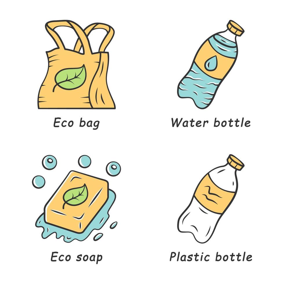 nul afval swaps handgemaakte kleur iconen set. milieuvriendelijke, biologische, natuurlijke, duurzame producten. recyclebare, herbruikbare materialen. plastic en waterfles, ecozeep en tas. geïsoleerde vectorillustraties vector