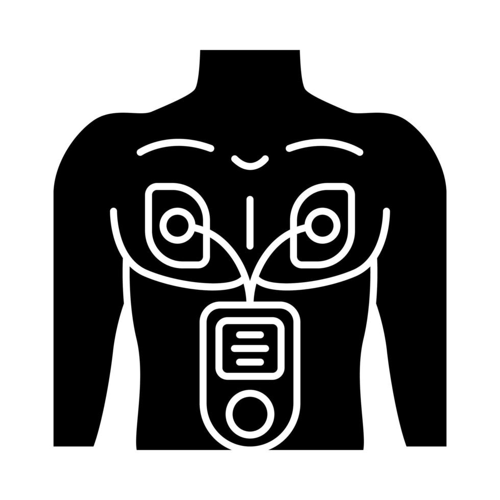 elektrische spierstimulator glyph icoon. hartslag- en hartslagmeter. diagnose van hartaandoeningen. myostimulatie. em. Medisch apparaat. silhouet symbool. negatieve ruimte. vector geïsoleerde illustratie