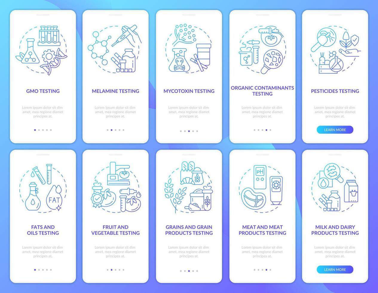voedselproducten testen lab blauwe gradiënt onboarding mobiele app schermset. walkthrough 5 stappen grafische instructiepagina's met lineaire concepten. ui, ux, gui-sjabloon. talloze pro-bold, reguliere lettertypen gebruikt vector