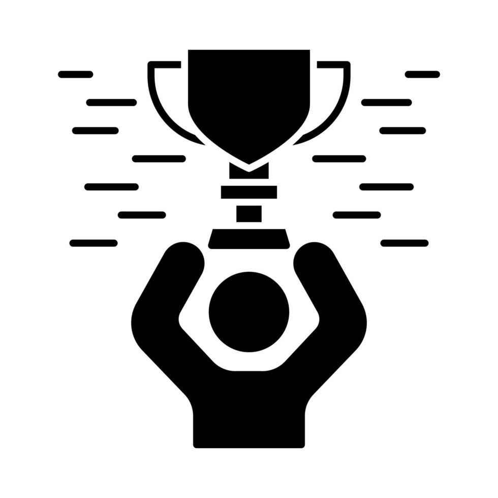 toernooi winnende glyph-pictogram. esports-competitie. gamer met prijs. winnaar beker. gouden trofee. silhouet symbool. negatieve ruimte. vector geïsoleerde illustratie