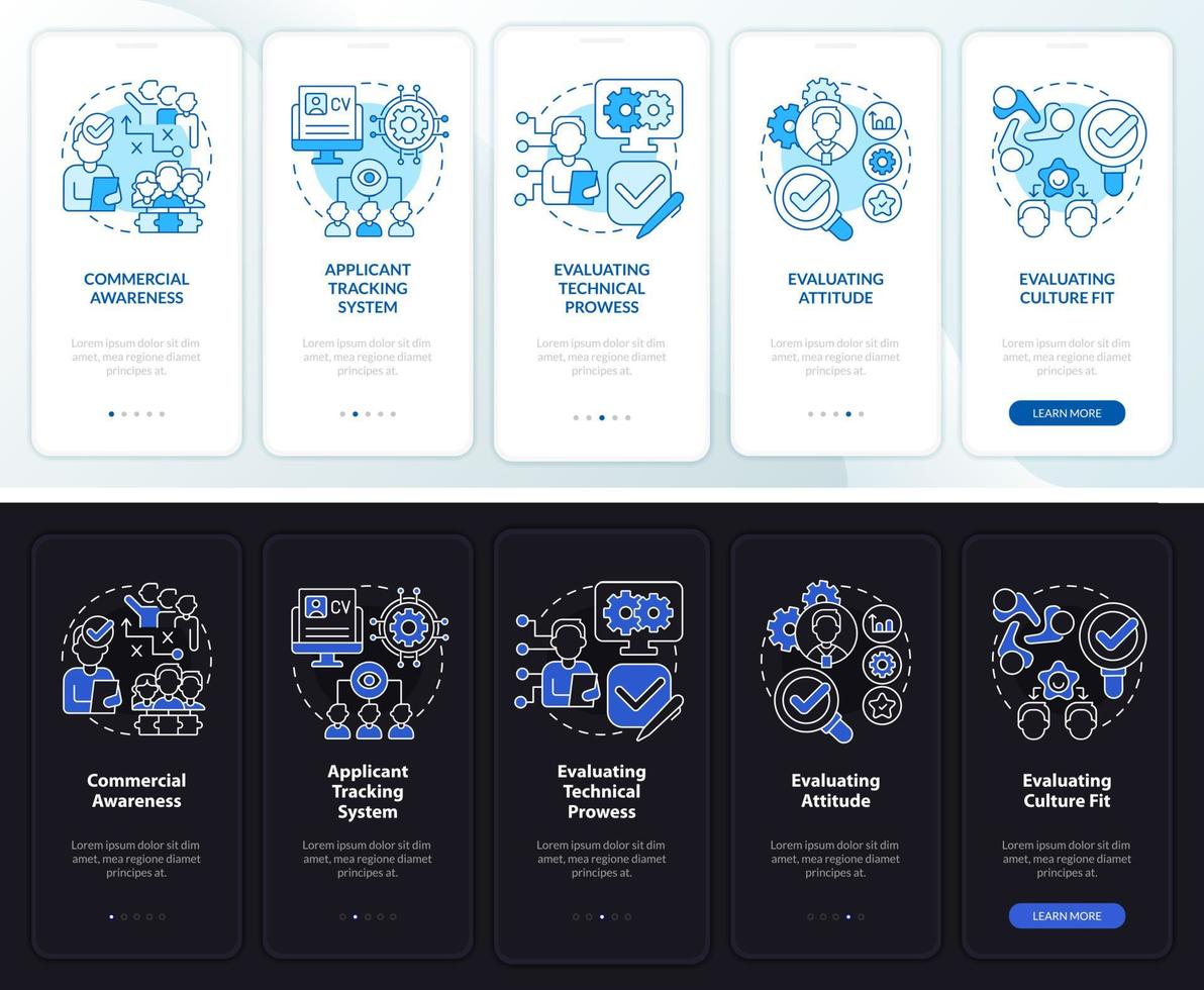 hr zakelijke vaardigheden nacht- en dagmodus onboarding mobiele app-scherm. walkthrough 5 stappen grafische instructiepagina's met lineaire concepten. ui, ux, gui-sjabloon. talloze pro-bold, reguliere lettertypen gebruikt vector