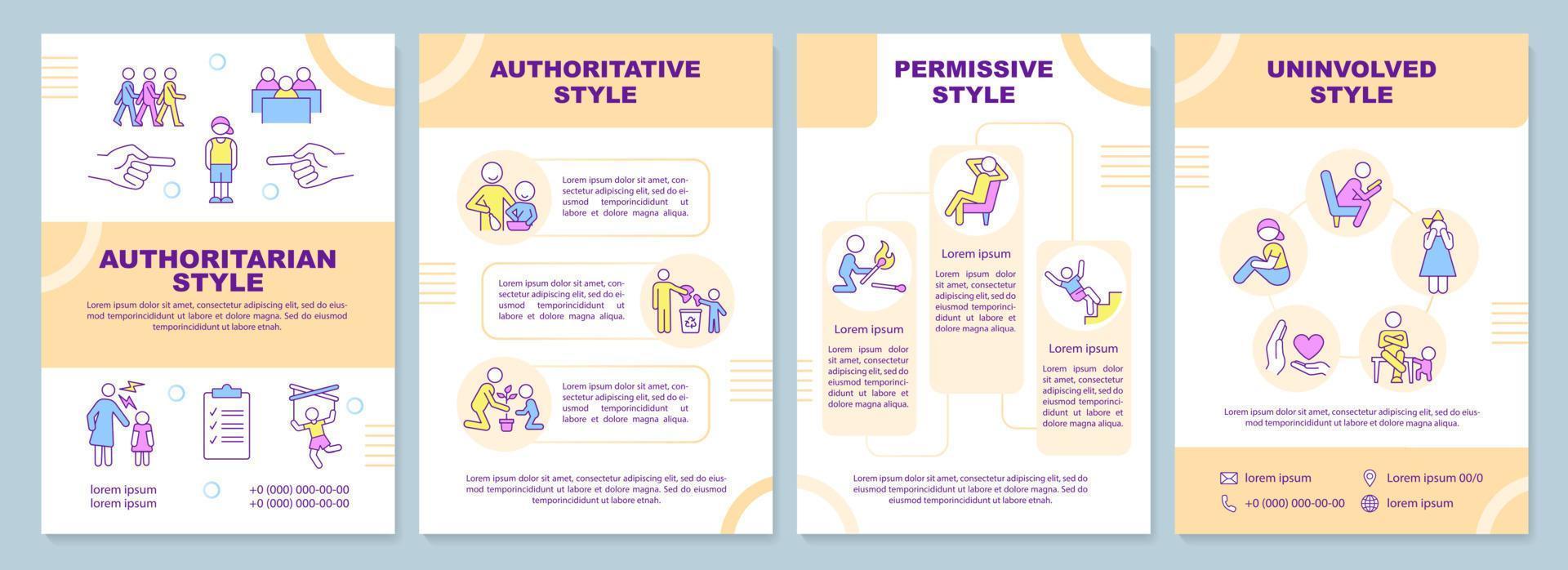 ouderschap stijlen oranje brochure sjabloon. gezaghebbende ouders. folderontwerp met lineaire pictogrammen. 4 vectorlay-outs voor presentatie, jaarverslagen. arial-black, talloze pro-reguliere lettertypen gebruikt vector