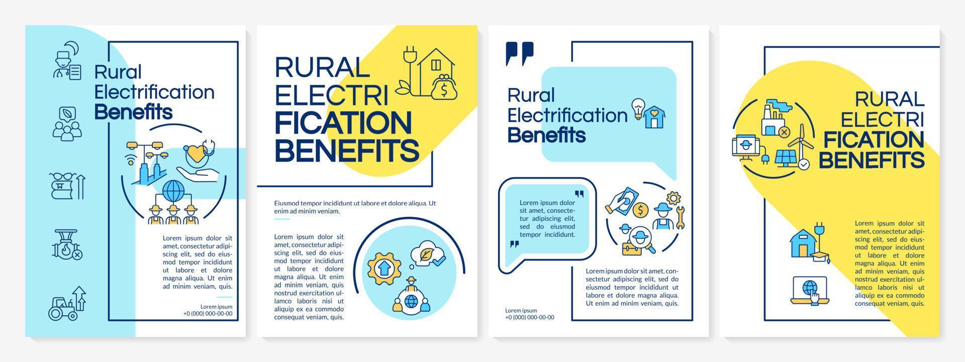 landelijke elektrificatie komt ten goede aan blauwe, gele brochuresjabloon. boekje afdrukontwerp met lineaire pictogrammen. vectorlay-outs voor presentatie, jaarverslagen, advertenties. questriaal-reguliere, lato-reguliere lettertypen gebruikt vector