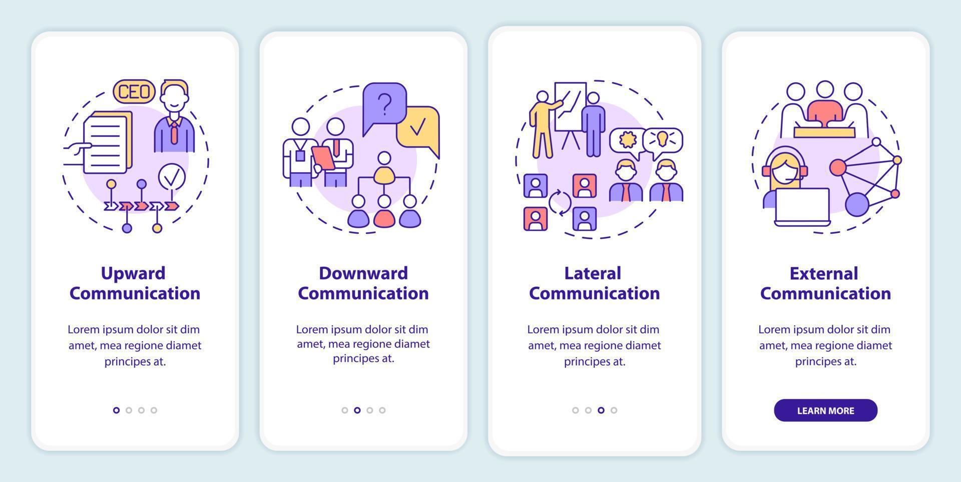 zakelijke communicatie typen onboarding mobiele app-scherm. teamvergadering walkthrough 4 stappen grafische instructiepagina's met lineaire concepten. ui, ux, gui-sjabloon. talloze pro-bold, reguliere lettertypen gebruikt vector