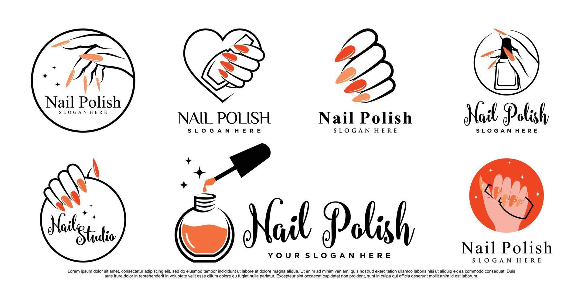 nagellak pictogrammenset logo ontwerpsjabloon met handen van de vrouw en creatieve element premium vector