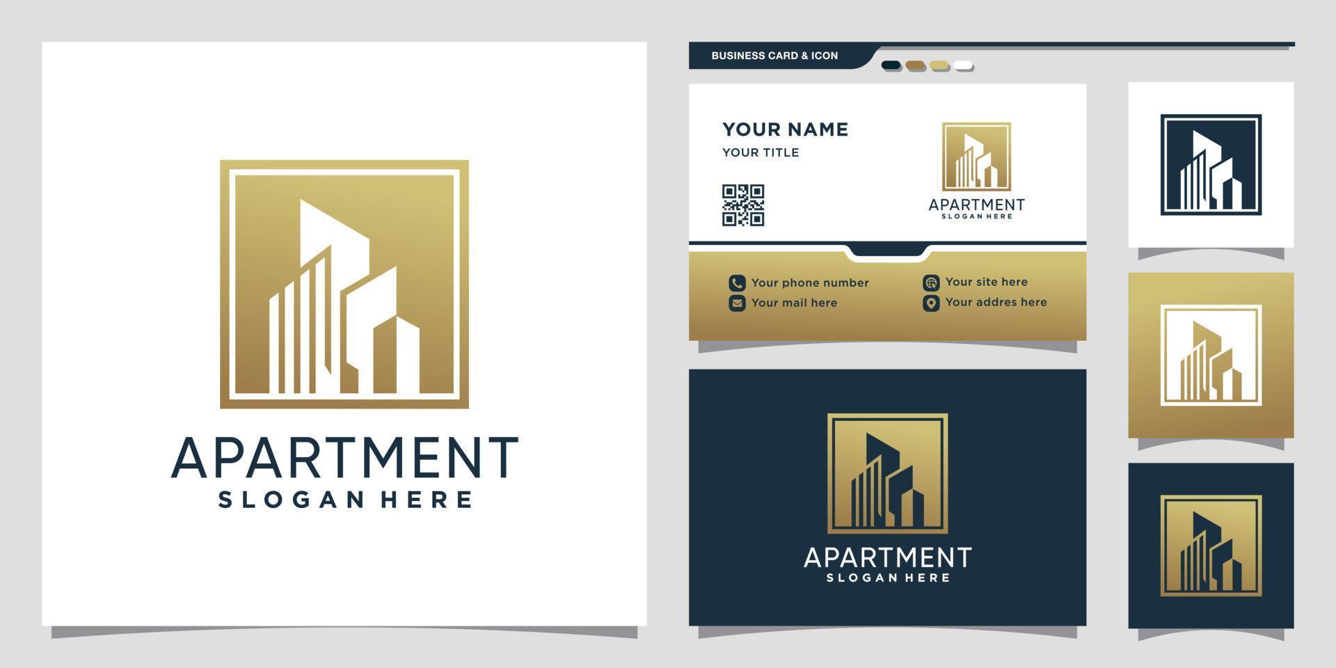 gebouw appartement logo met negatief ruimteconcept en visitekaartje ontwerp premium vector