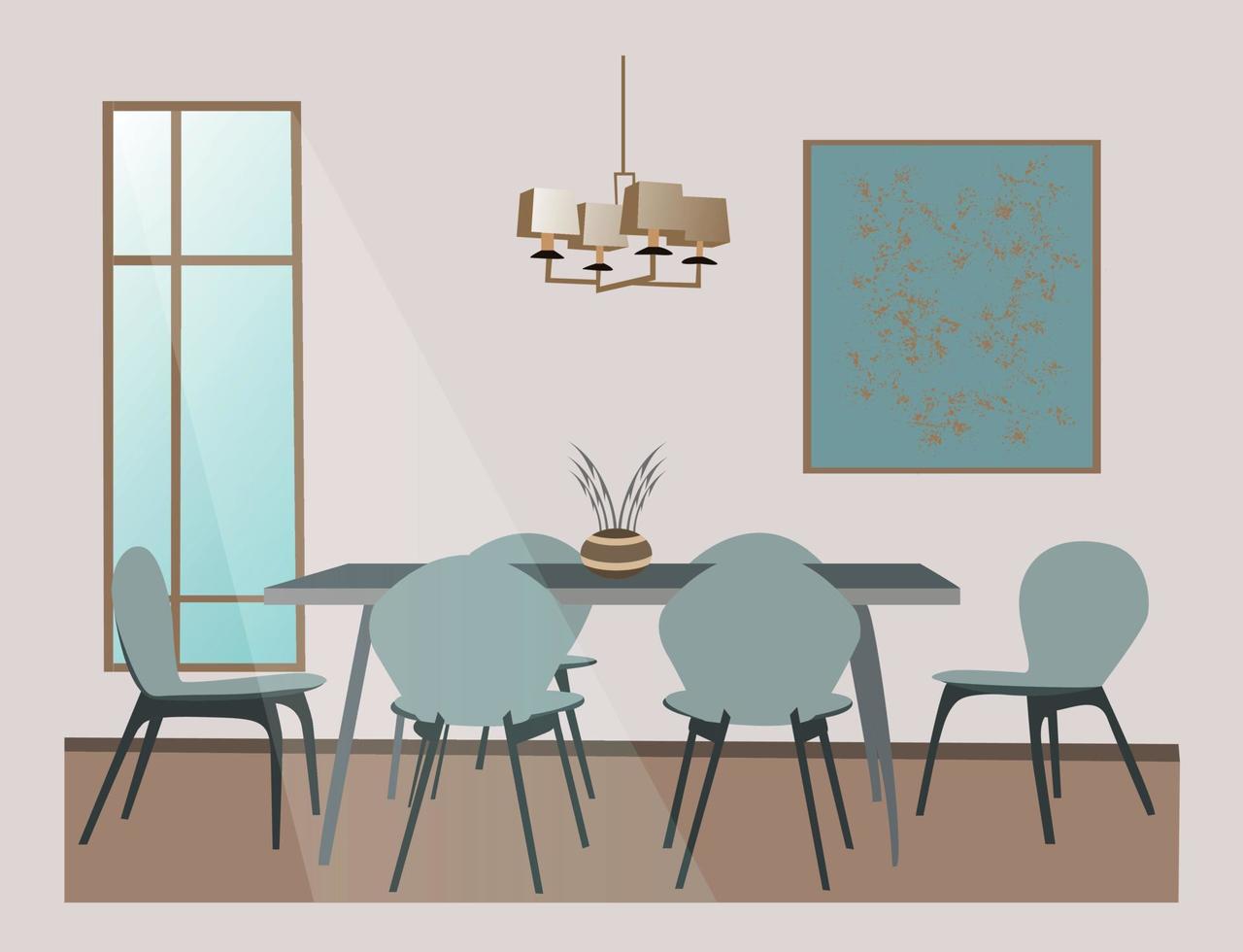 elegante eetkamer met tafels en stoelen met lichte kleuren vector