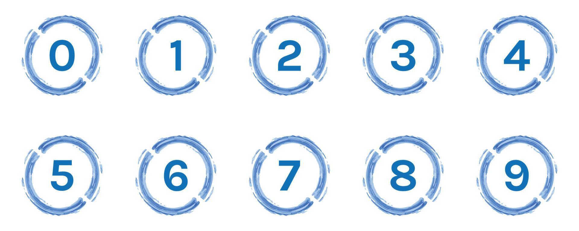 set van nummer 0 tot en met 9 in aquarel blauwe cirkel op witte achtergrond. vector