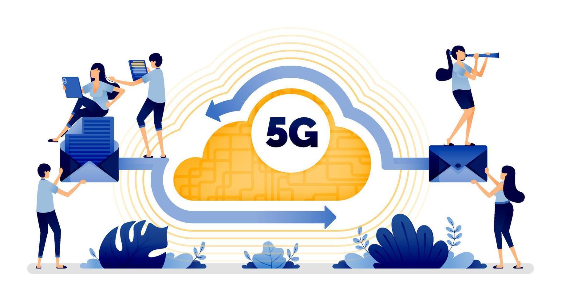 illustratieontwerp van 5g maakt e-mailcommunicatie gemakkelijker met cloudnetwerken die integreren met cloud. vector kan worden gebruikt voor web, website, poster, mobiele apps, brochureadvertenties, flyer, visitekaartje