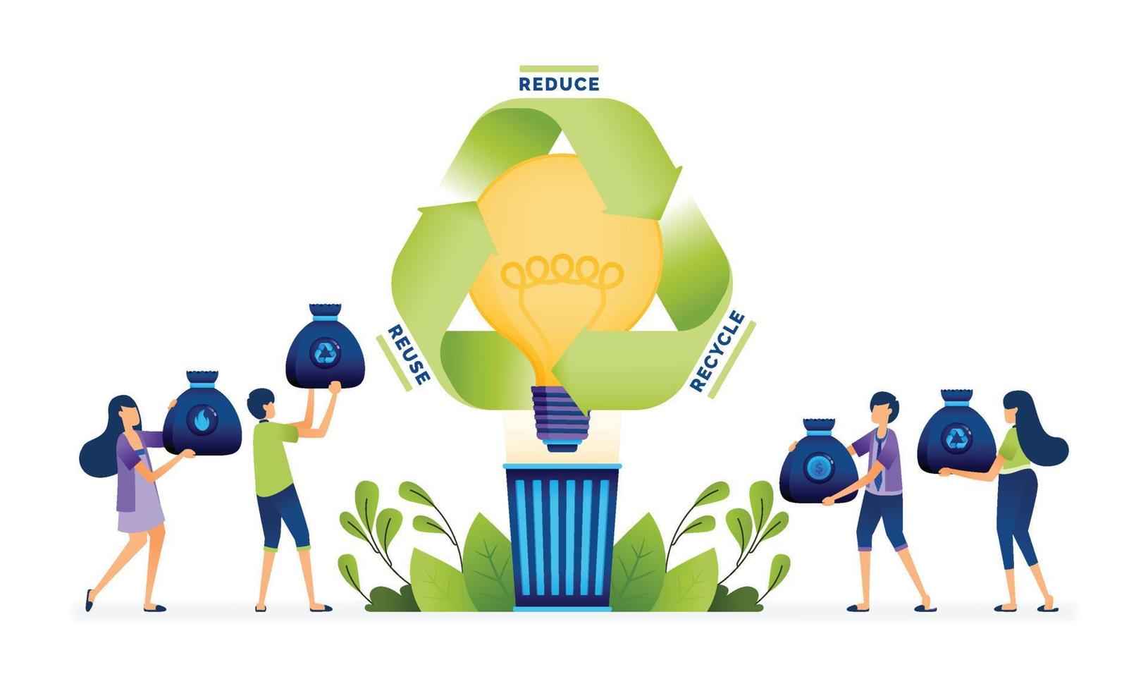 vectorillustratie van mensen die afval in de prullenbak gooien voor de eerste ideeën over groener en duurzaam afvalbeheer. kan worden gebruikt voor bestemmingspagina, web, website, poster, mobiele apps, advertenties, flyer, kaart vector