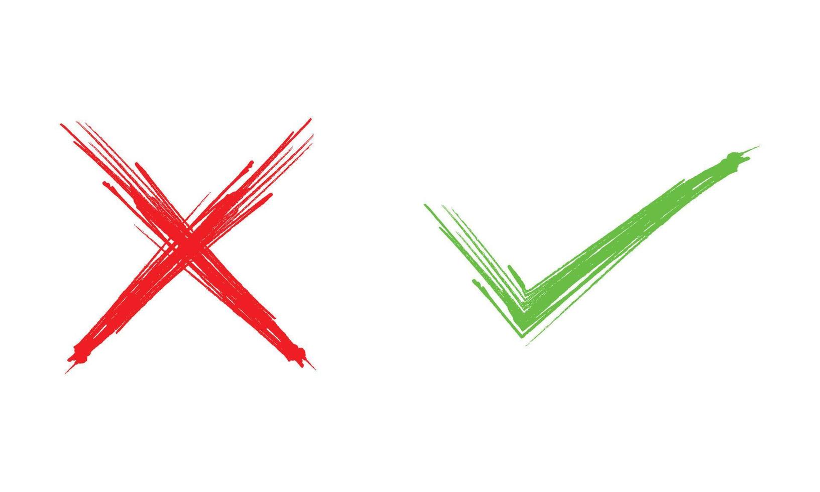 hand getekend groen vinkje en rood kruis geïsoleerd op een witte achtergrond. ja en geen pictogram. vectorillustratie. vector