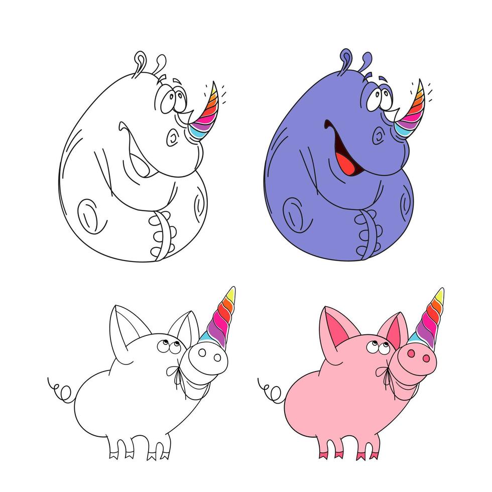 set neushoorn en big met eenhoornhoorn met eenhoornhoorn, leuke grappige illustratie. vector