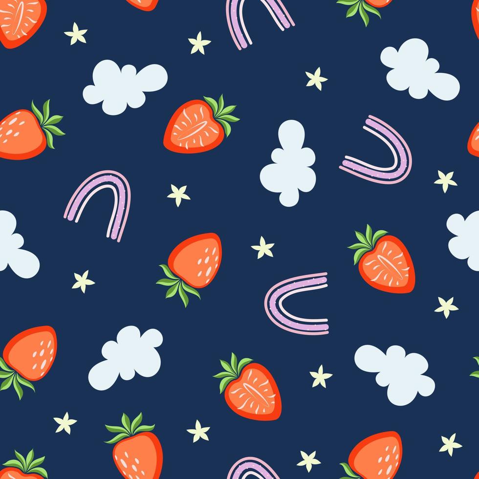 naadloos patroon met aardbeien, regenbogen, wolken en sterren op een donkerblauwe achtergrond vector