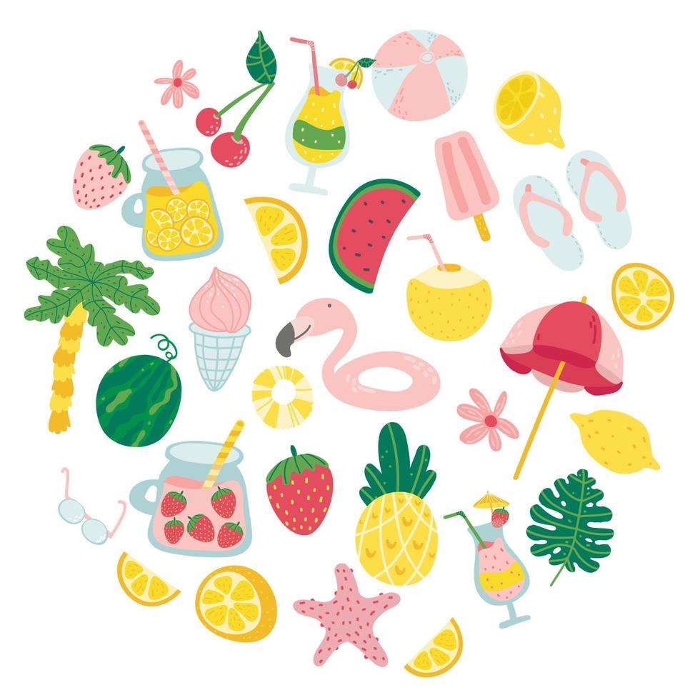 zomercollectie schattige platte cartooncocktail, sap, ijs, fruit, bloemen, palmbomen. hand getekende platte cartoon. heldere zomerposter, kaart, scrapbooking, tag, uitnodiging vector