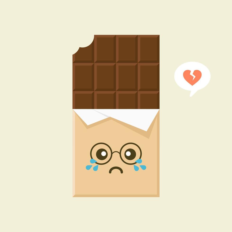 leuke en grappige chocoladereep tekens tonen emoties, cartoon vectorillustratie geïsoleerd op een achtergrond in kleur. kawaii chocoladereep karakters, mascottes, emoticons en emoji voor het web vector