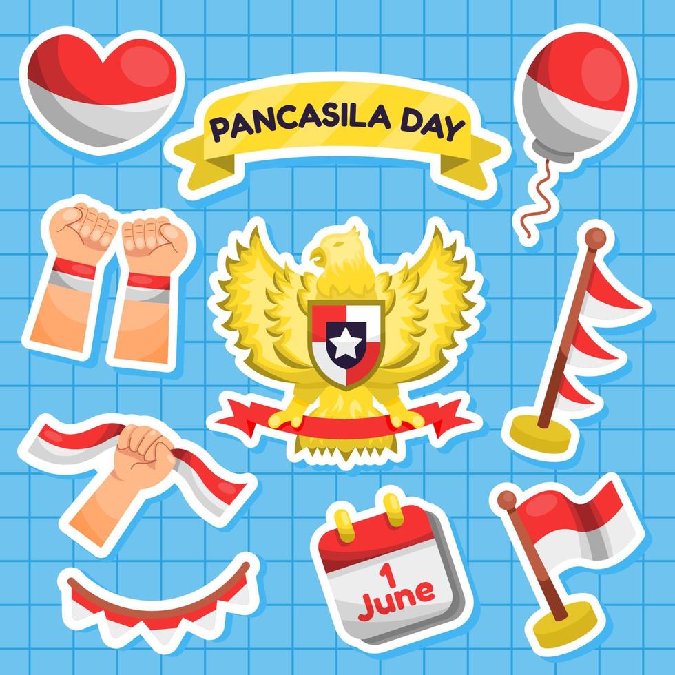 stickerset voor het vieren van pancasila op de onafhankelijkheidsdag van indonesië vector