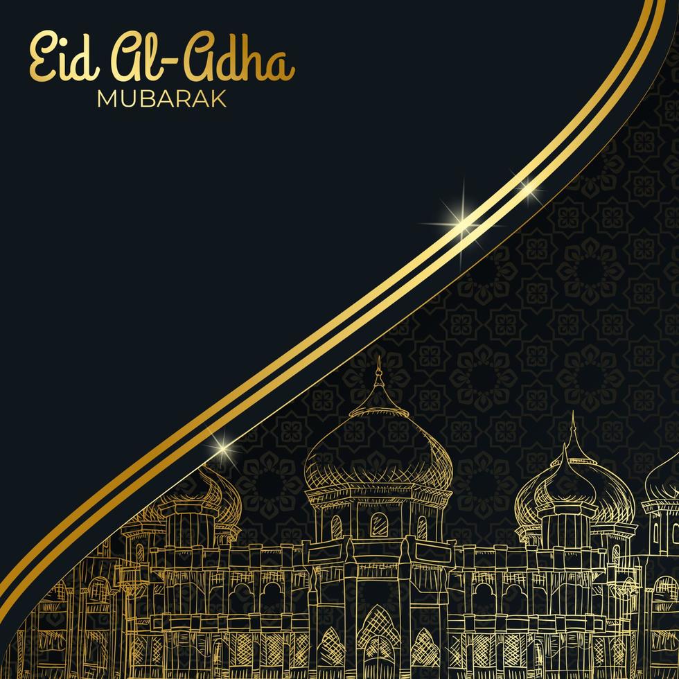 eid al adha achtergrondillustratie.dark en gouden kleuren met een schets van de moskee.kan worden aangepast voor wenskaarten vector