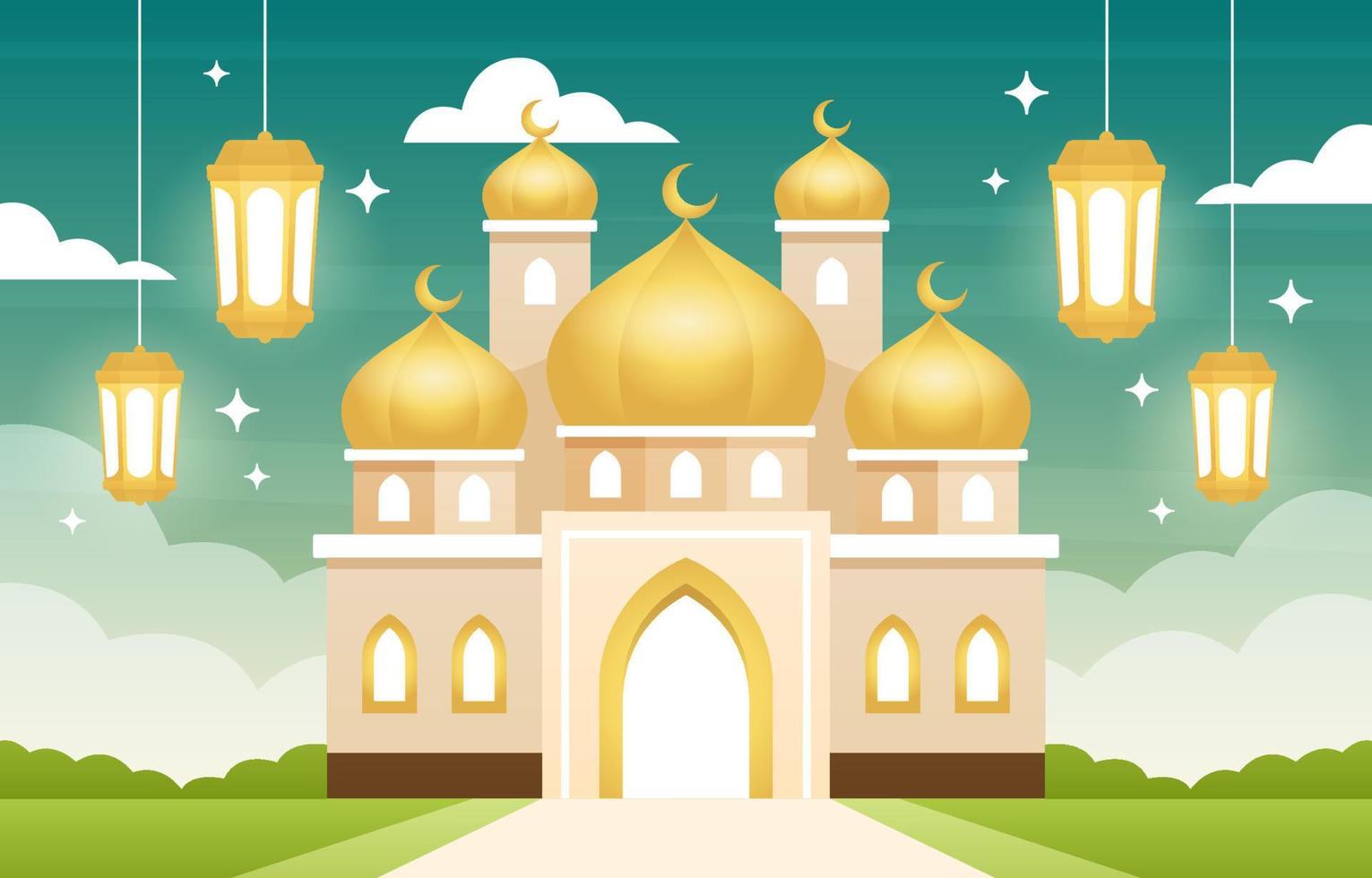 eid mubarak met moskee en lantaarnachtergrond vector