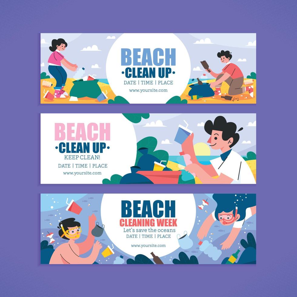 bannerset voor strandschoonmaakvrijwilligers vector