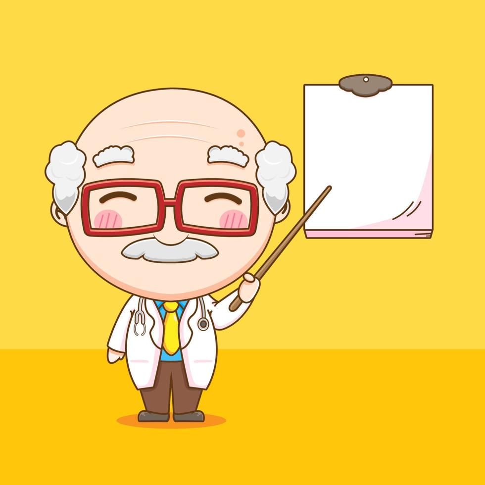 schattige oude dokter die chibi karakter illustratie onderwijst vector