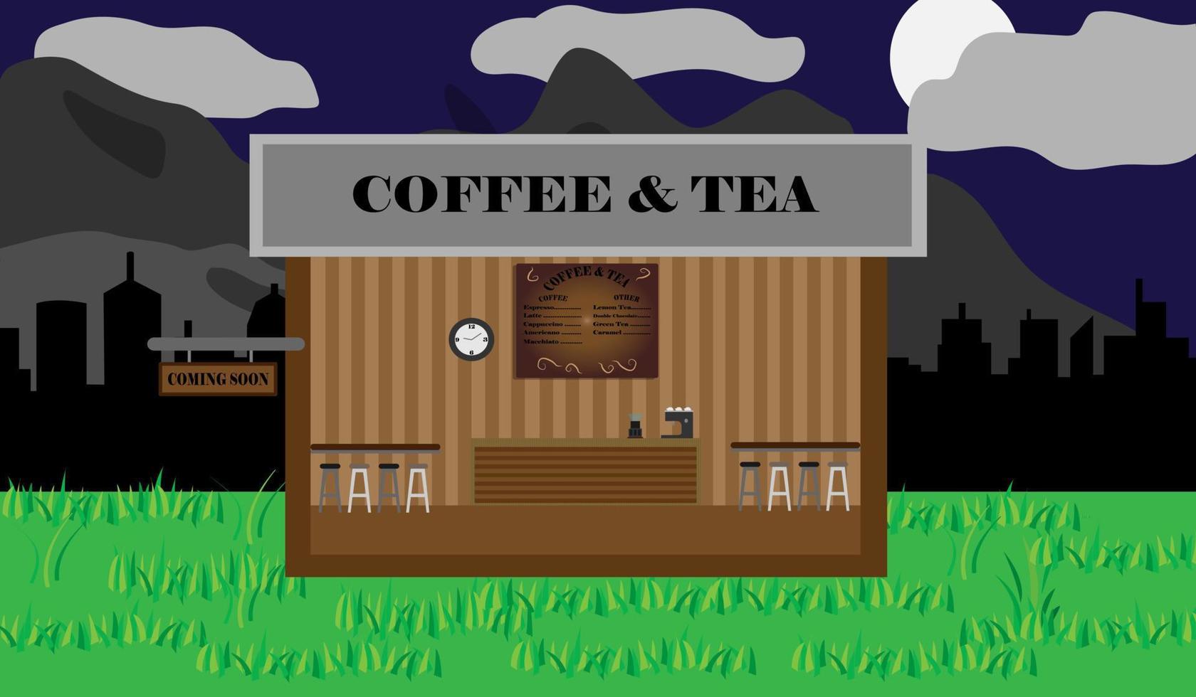 platte design coffeeshop op het platteland, vector achtergrondbehang