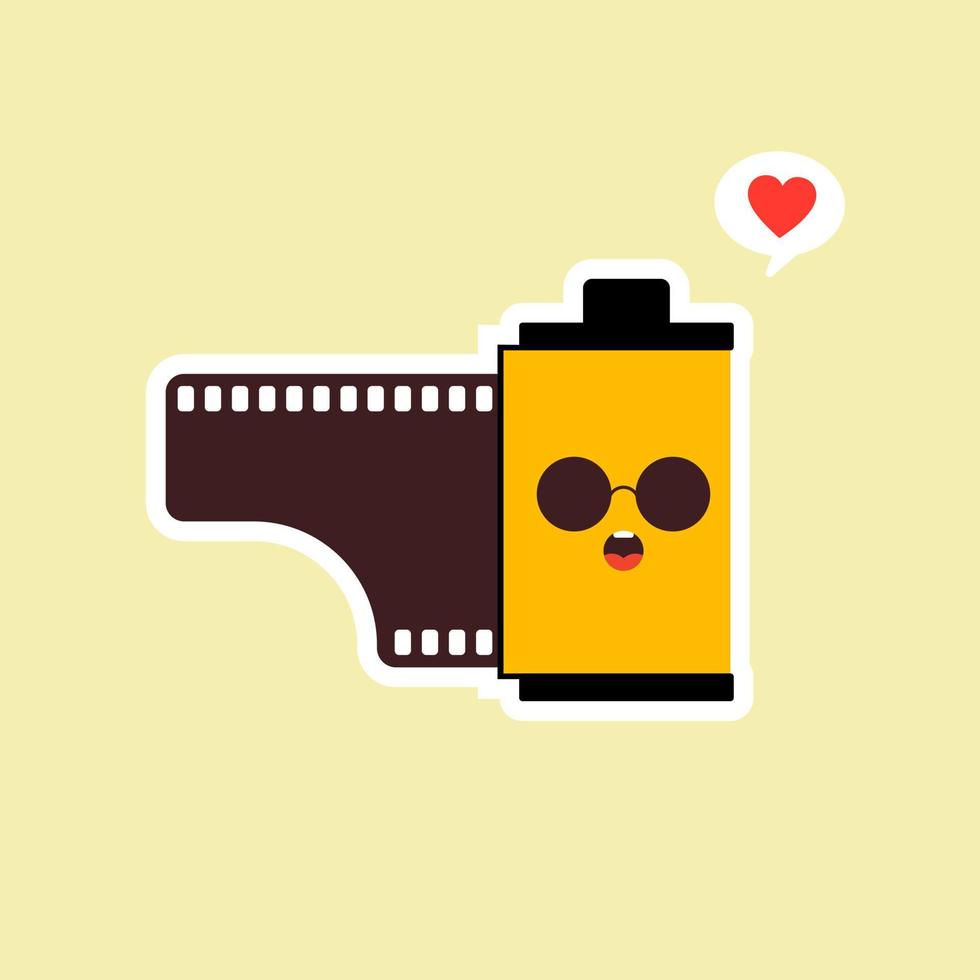 rolfilm platte ontwerp vectorillustratie. kawaii camera roll film emoji met grappige uitdrukking, analoge camera cartoon. analoog fotografiepictogram, analoge fotografiemascotte. vintage film vector