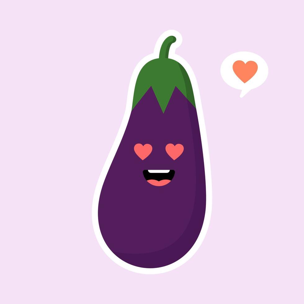 schattig en kawaii aubergine karakter. vectorillustratie van aubergine. geïsoleerd object op een gekleurde achtergrond. vegetarisme, veganist, mascotte, gezonde voeding, biologische groenten. voor restaurant, culinair vector