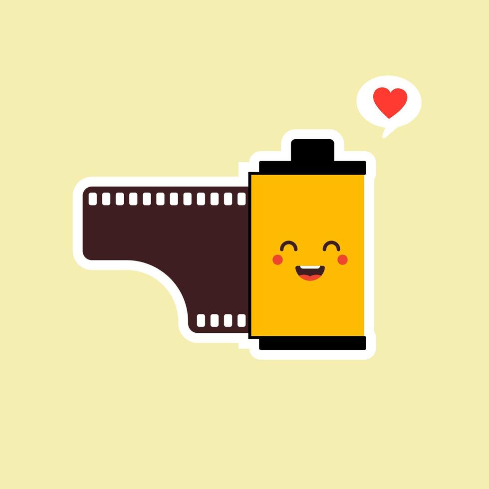 rolfilm platte ontwerp vectorillustratie. kawaii camera roll film emoji met grappige uitdrukking, analoge camera cartoon. analoog fotografiepictogram, analoge fotografiemascotte. vintage film vector