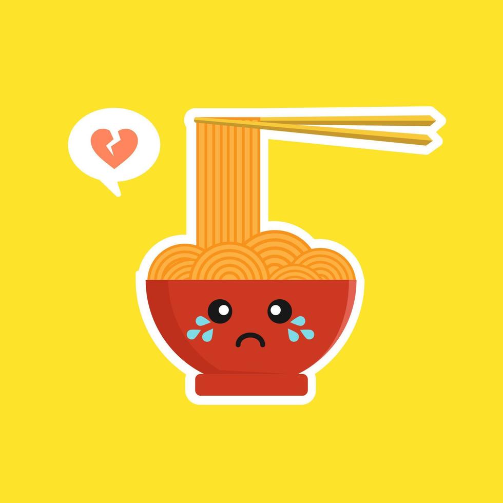 schattig en kawaii ramen bowl karakter in vlakke stijl. noodle met chopstick stripfiguur illustratie met emoji en expressie. kan gebruiken voor restaurant, resto, mascotte, chinees. japans, aziatisch vector
