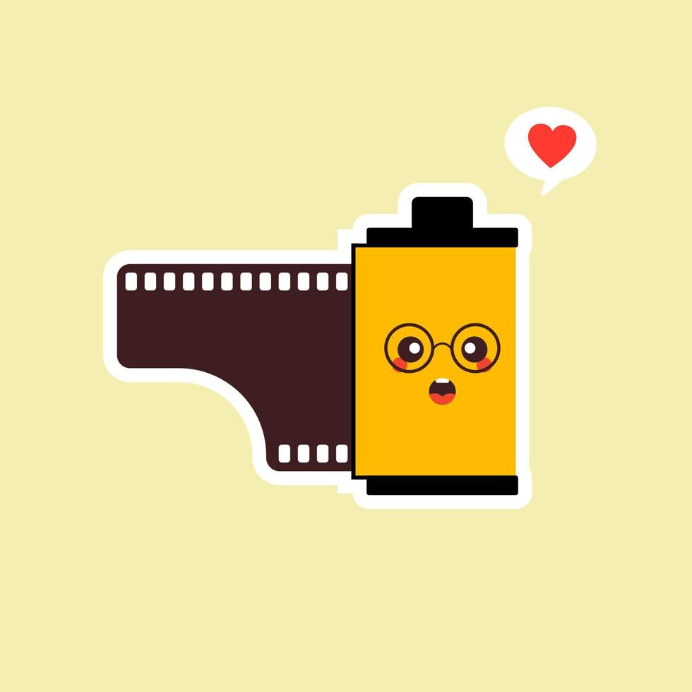 rolfilm platte ontwerp vectorillustratie. kawaii camera roll film emoji met grappige uitdrukking, analoge camera cartoon. analoog fotografiepictogram, analoge fotografiemascotte. vintage film vector