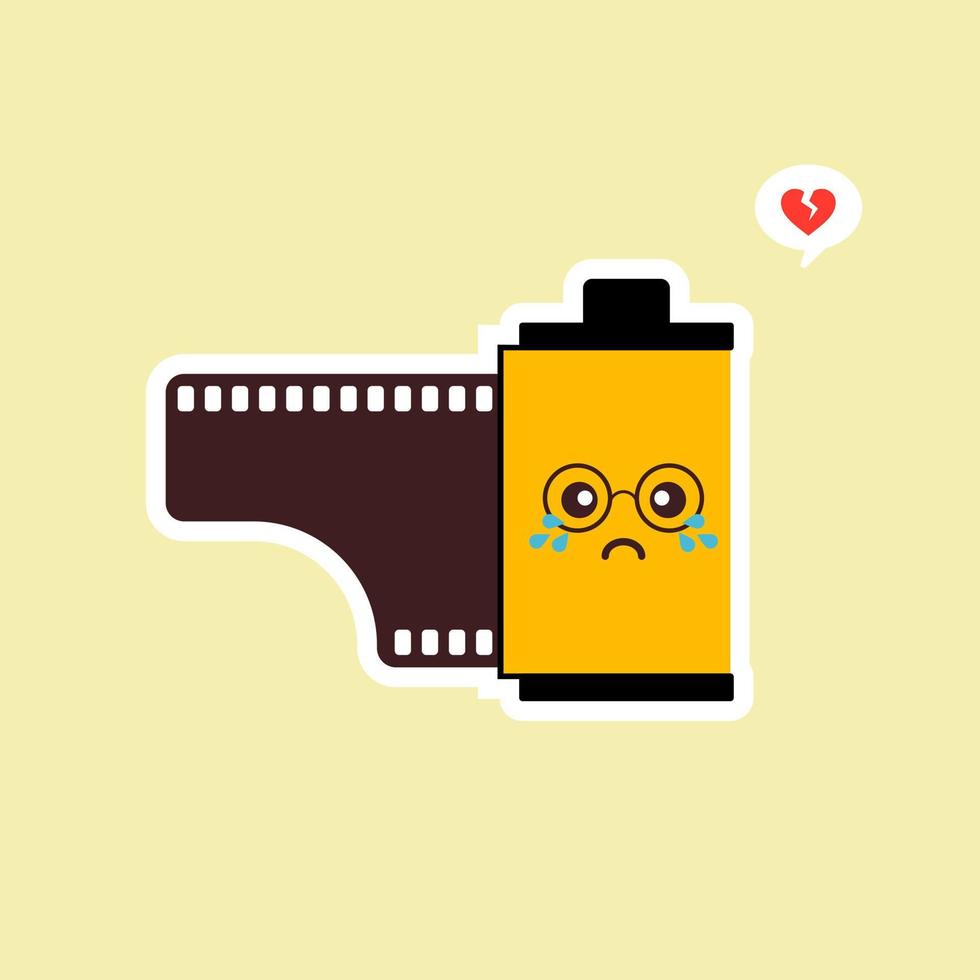 rolfilm platte ontwerp vectorillustratie. kawaii camera roll film emoji met grappige uitdrukking, analoge camera cartoon. analoog fotografiepictogram, analoge fotografiemascotte. vintage film vector