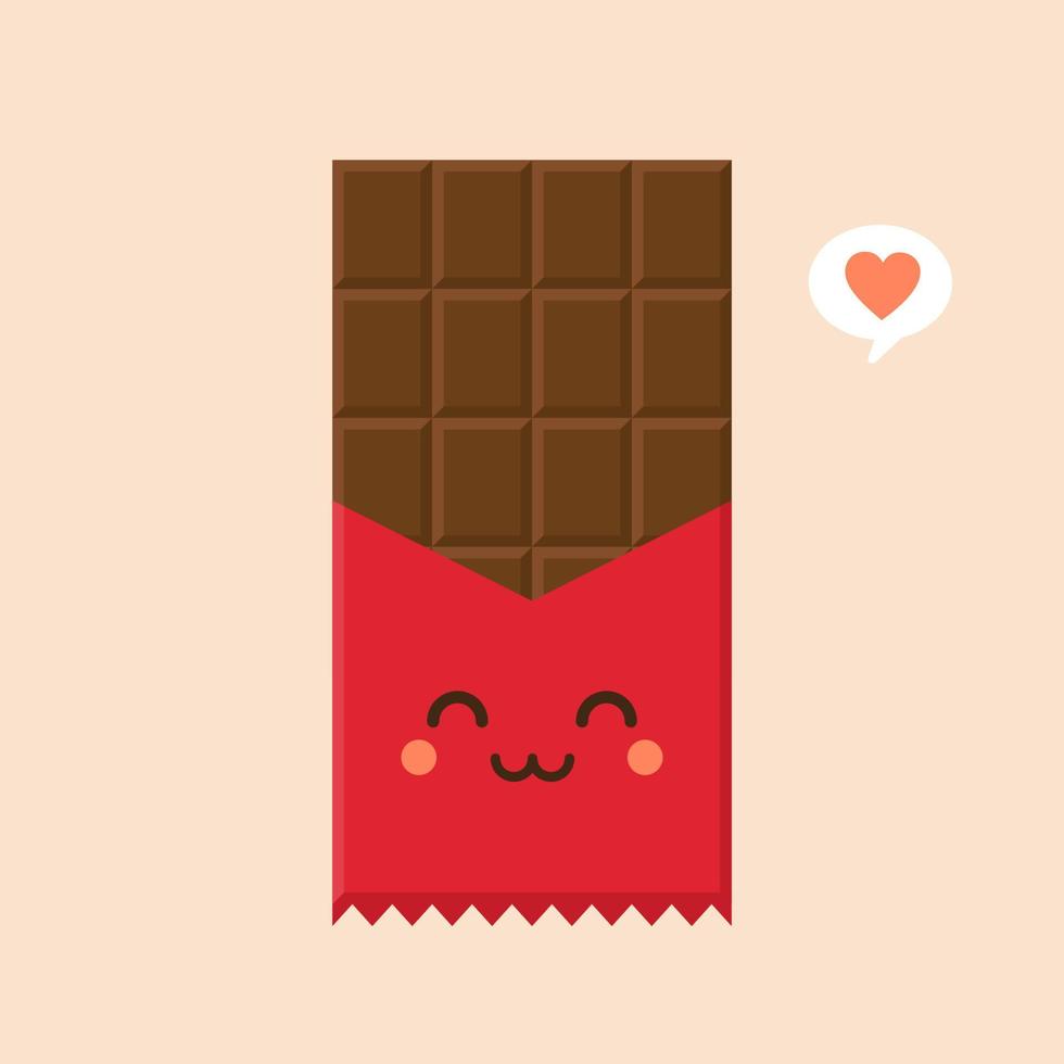 schattig en kawaii chocoladereep karakter icoon. vlakke afbeelding van chocoladereep vector pictogram voor webdesign. chocolade emoticonor emoji