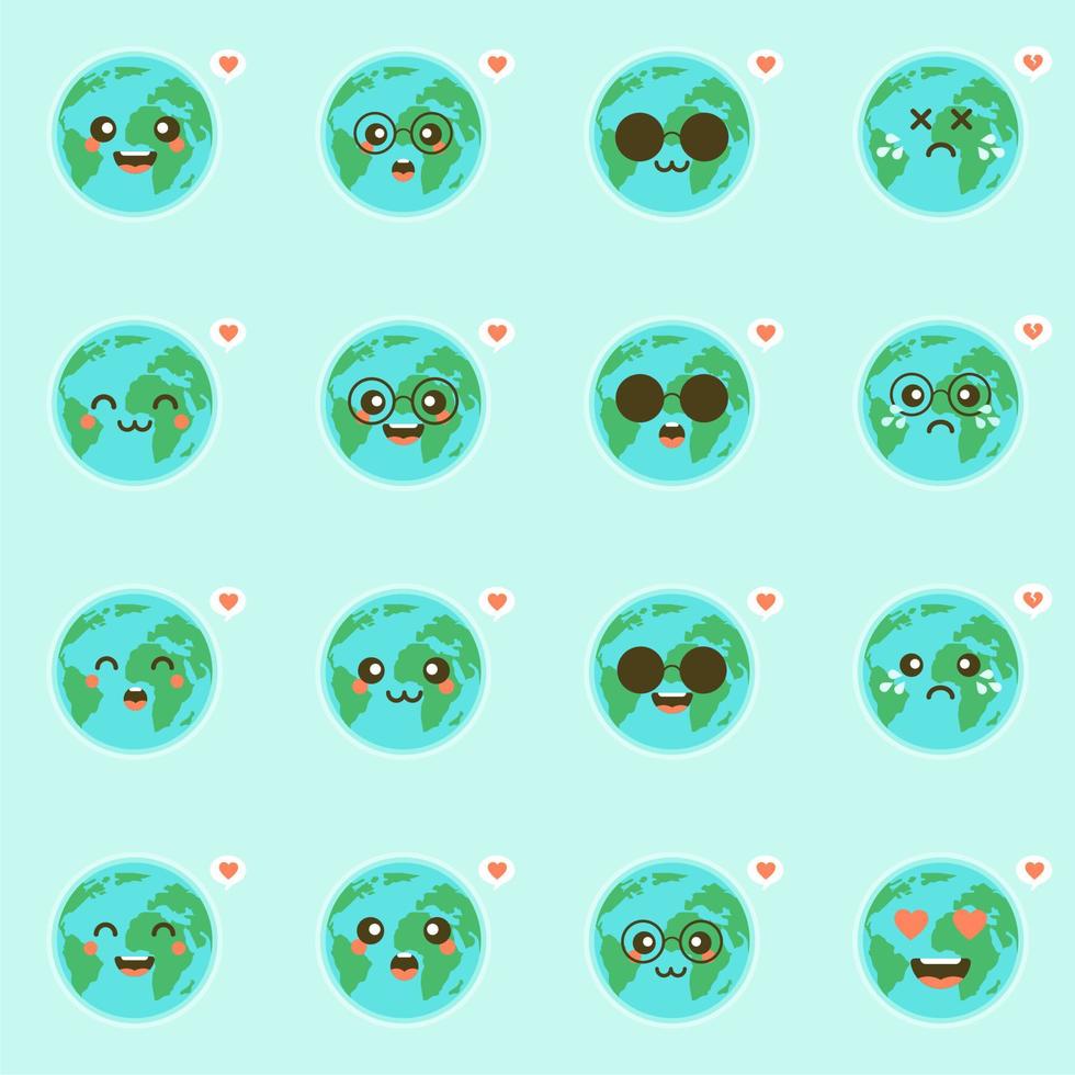 leuke grappige emoji van de wereldaarde die emoties van kleurrijke karakters vectorillustraties toont. de aarde, red de planeet, bespaar energie, het concept van de aardedag vector