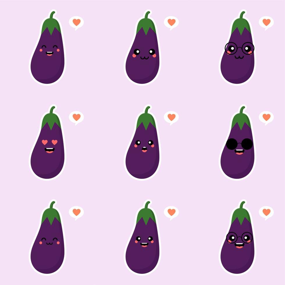 schattig en kawaii aubergine karakter. vectorillustratie van aubergine. geïsoleerd object op een gekleurde achtergrond. vegetarisme, veganist, mascotte, gezonde voeding, biologische groenten. voor restaurant, culinair vector